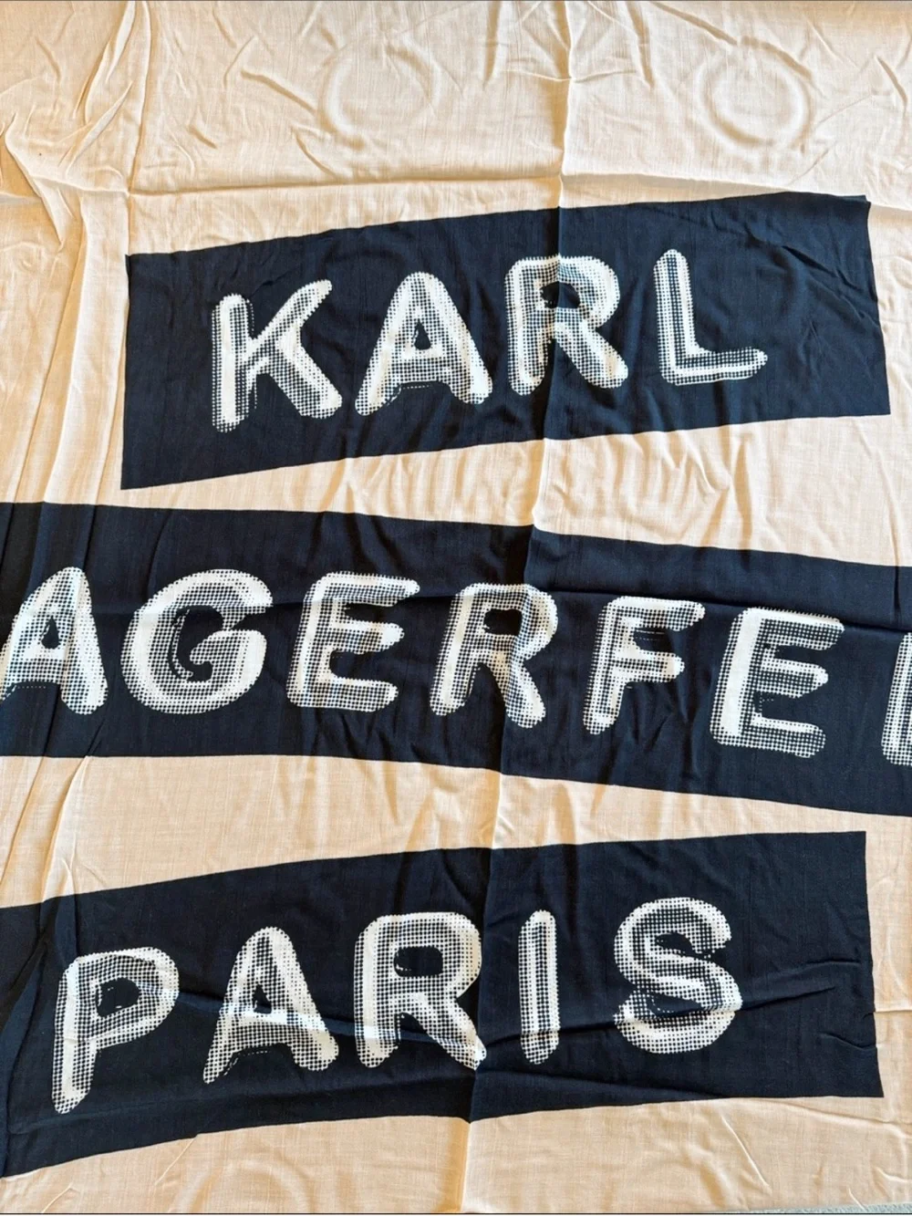 NWT Karl Lagerfeld Paris Logo Print Modal Silk Scarf Wrap Beige Black Barley